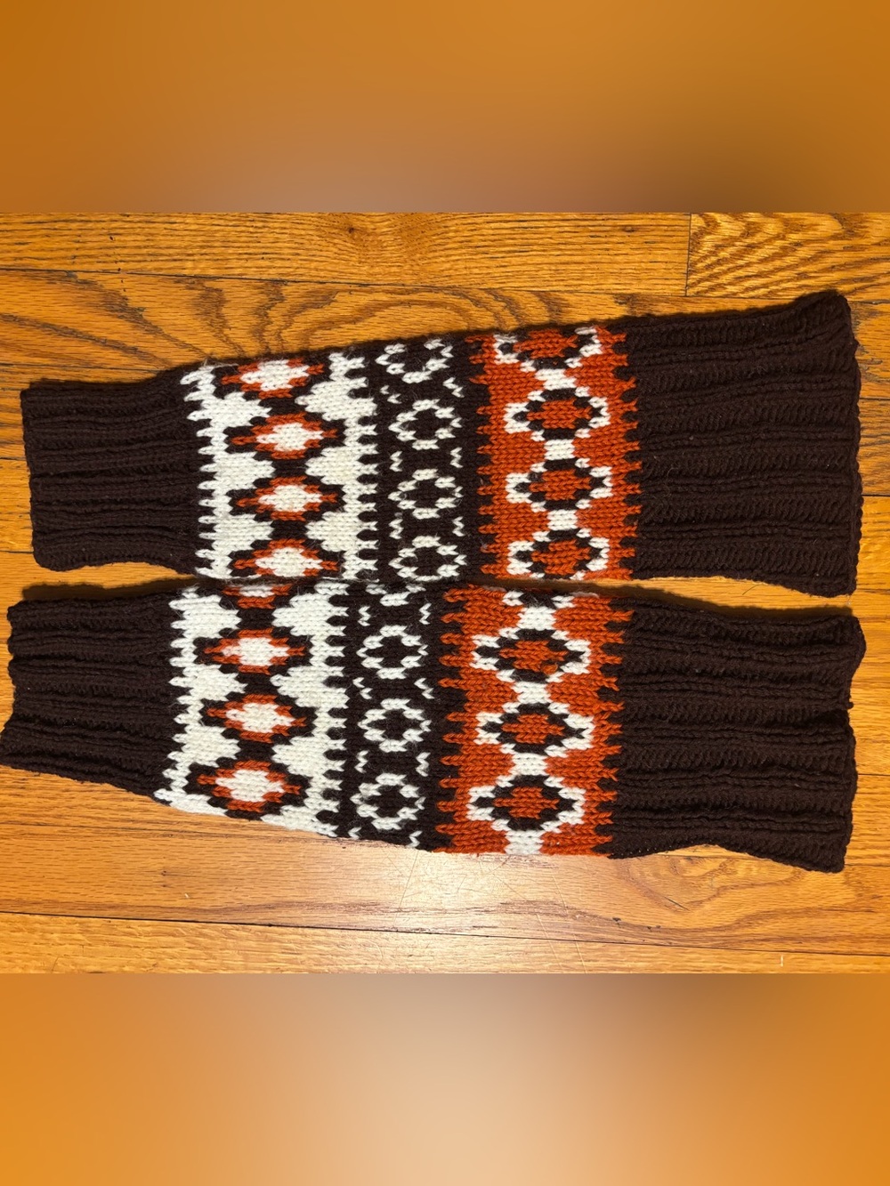 🍁 Fall Knit Patterned Leg Warmers in Brown, White & Orange